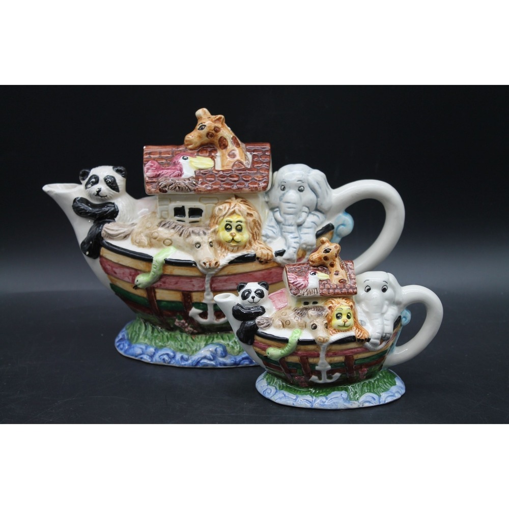 Set of 2 Noah's Ark Ceramic Teapots Animal Figural Panda Elephant Lion Giraffe